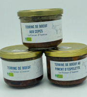 La Ferme d'Autrac - Lot apéritif de Bœuf BIO, composé de Terrine de Bœuf Nature, aux Cèpes et au Piment d'Espelette