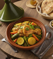 Le Paradis d'Escargot - Tajine de poulet mijoté et ces petits légumes accompagné d' une semoule 1 personne.