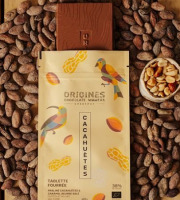 Chocolaterie Origines - Tablette fourrées BIO chocolat lait 35% praliné cacahuètes et caramel