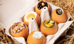 Compagnie Générale de Biscuiterie - Boite contenant 6 œufs en chocolat avec une présentation Coco, oranges confites, pistaches, Caviar