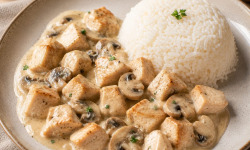 Le Paradis d'Escargot - Émincé de poulet à la crème et aux champignons, riz blanc