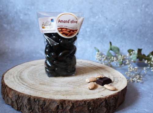 Les amandes et olives du Mont Bouquet - Amand'olives 150g -amandes grillées salées enrobées de chocolat noir à l'huile d'olive