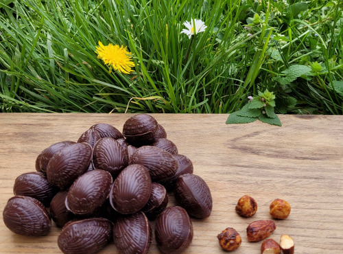 Basile et Téa - Œufs en chocolat Noir 66% de Pâques Garnis Praliné amande et noisette 150g