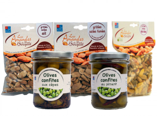 Les amandes et olives du Mont Bouquet - Panier Apéro : Amandes Grillées (ail, Épicé, Salées Fumées) et Olives Confites (piment Et Cèpes)