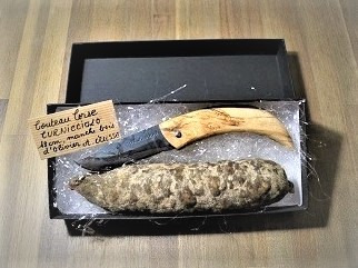 Charcuterie Mannei - Coffret cadeau: couteau Corse en bois d'olivier + saucisson