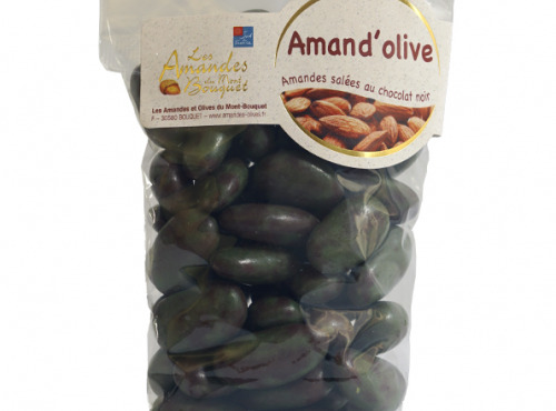 Les amandes et olives du Mont Bouquet - Amand'olives 150g -amandes grillées salées enrobées de chocolat noir à l'huile d'olive