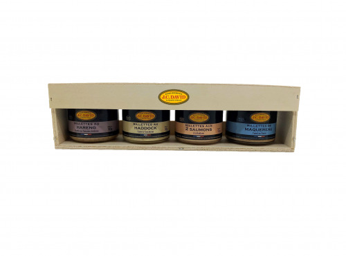 Etablissements JC David - Coffret Cadeau bois 4 rillettes : Hareng, Haddock, Saumon, Maquereau