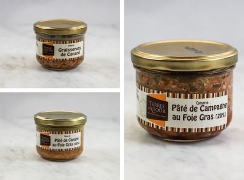 Terres d'Adour - Lot de 3 Pâtés : Graisserons de Canard, Pâté de Canard au Foie Gras, Pâté de Campagne au Foie Gras