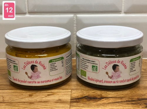 Les délices de Noémie - Petits pots Bébé 12 Mois: Épinard, Cresson, Riz Et Poulet - Poulet, Carotte, Mais Et Curcuma Bio (x2)