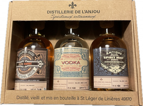 Distillerie de l'Anjou - Coffret de dégustation 3 bouteilles 20cl - Rhum ambré + Vodka + Spirit Malt - Produit en Anjou