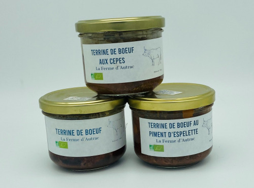 La Ferme d'Autrac - Lot apéritif de Bœuf BIO, composé de Terrine de Bœuf Nature, aux Cèpes et au Piment d'Espelette