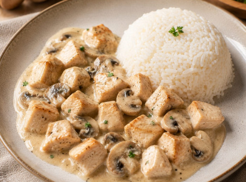 Le Paradis d'Escargot - Émincé de poulet à la crème et aux champignons, riz blanc