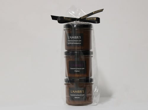 L'AMBR'1 Caramels et Gourmandises - Crèmes De Caramel Au Beurre Salé Nature, Praliné, Vanille De Madagascar Bio - 3 Pots De 130g