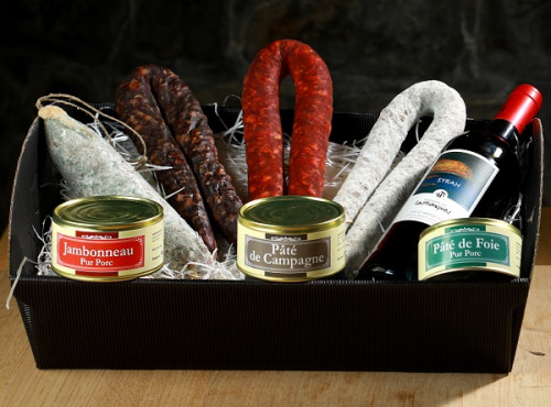 Charcuterie Commenges - Coffret Cadeau : assortiment de Charcuterie avec une Bouteille de vin