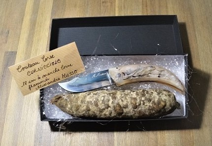 Charcuterie Mannei - Coffret cadeau: véritable couteau corse en corne + Saucisson fermier