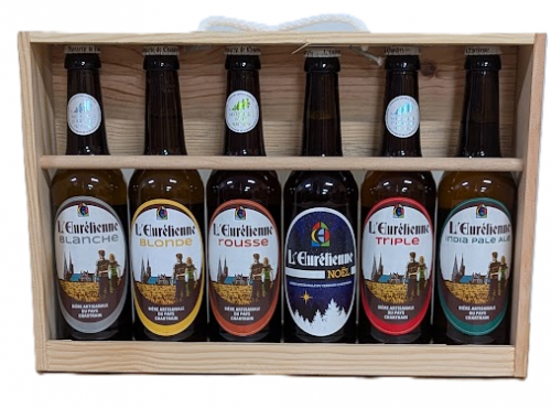 Bière L’Eurélienne – Brasserie de Chandres - COFFRET en bois, composé d'un assortiment de 6 bières L'Eurélienne 33cL