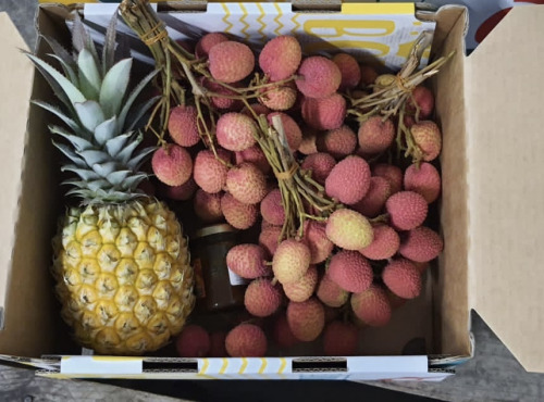 La Box Fruitée -  Fruits de la Réunion - BOX NOEL EXOTIQUE- 1,5 kilos de litchis, 1 Ananas et 1 confiture