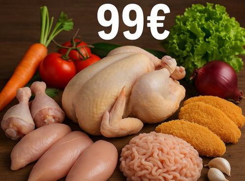 La Coussoyote - panier anti inflation comprenant des légumes, du miel, de la volaille entiére, découpé et transform