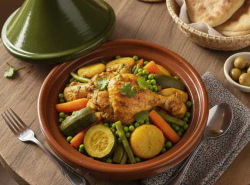 Le Paradis d'Escargot - Tajine de poulet mijoté et ces petits légumes accompagné d' une semoule 1 personne.