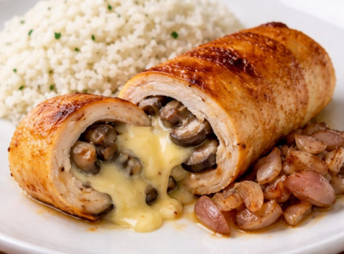 Le Paradis d'Escargot - roulade de poulet farci  au comte champignon et crème a l ail accompagné de riz cuisinier