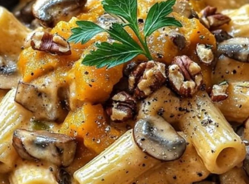 Graines Précieuses - Macarone safrané aux noix champignons et potimarrons rôtis