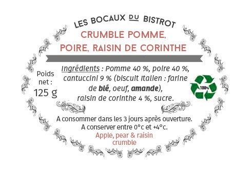 Les Bocaux du Bistrot - (Lot de 2) Le crumble et sa compotée : pomme, poire, raisins de Corinthe