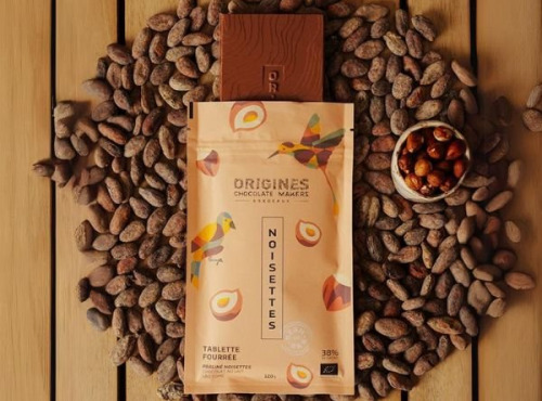 Chocolaterie Origines - Tablette fourrées BIO chocolat lait 38% praliné noisettes