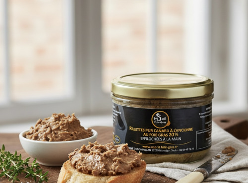 Esprit Foie Gras - Rillettes pur canard à l’ancienne au Foie Gras 20 % – effilochées à la main – 180 g