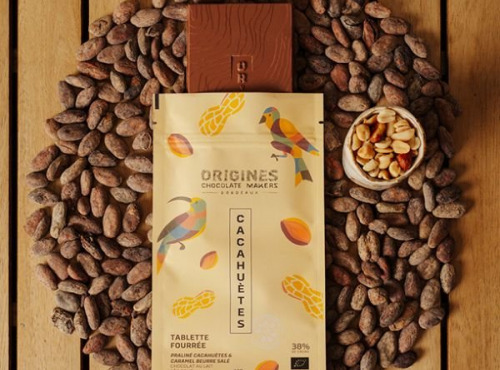 Chocolaterie Origines - Tablette fourrées BIO chocolat lait 38% praliné cacahuètes et caramel