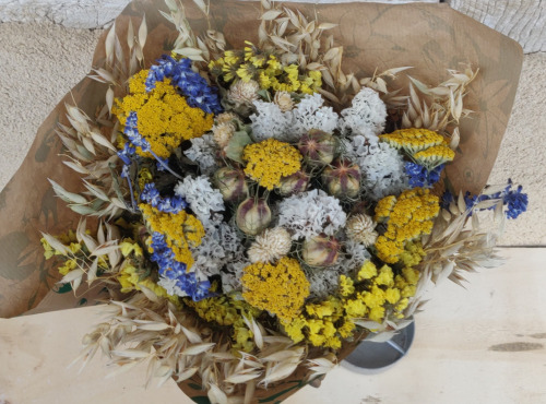 Ferme de la ville basse - Bouquet de fleurs séchées bleu/jaune S