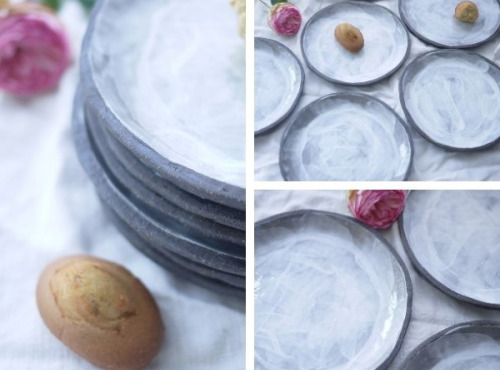 SUBECHA Studio - Service Assiettes x4 "Grey" en Grès Chamotte Brut Émaillées au Pinceau Japonais