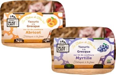 La Ferme de Blas'Lait - Lot Yaourts à la grecque sur lit de confiture Myrtille x4 + Abricot x4