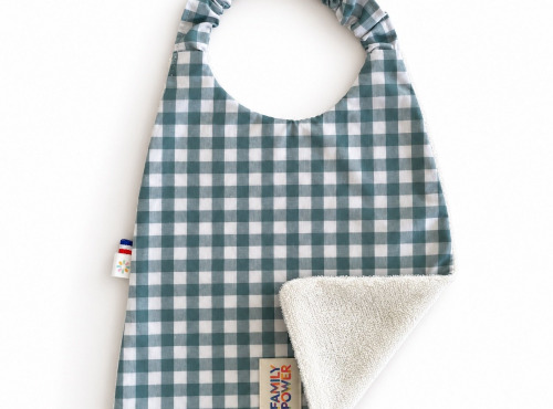 Timouny - Bavoir serviette élastique Vichy Bleu-Vert « Family Power »