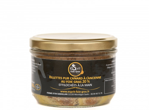 Esprit Foie Gras - Rillettes pur canard à l’ancienne au Foie Gras 20 % – effilochées à la main – 180 g