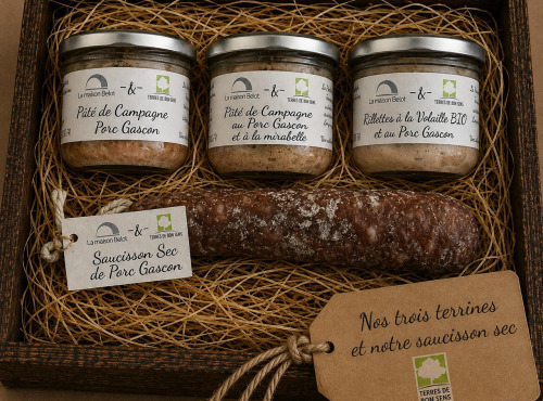 Terres de Bon Sens - Offre apéro rillettes, deux patés :campagne, mirabelle et un saucisson