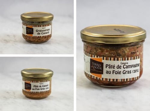 Terres d'Adour - Lot de 3 Pâtés : Graisserons de Canard, Pâté de Canard au Foie Gras, Pâté de Campagne au Foie Gras