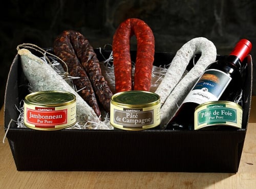 Charcuterie Commenges - Coffret Cadeau : assortiment de Charcuterie avec une Bouteille de vin